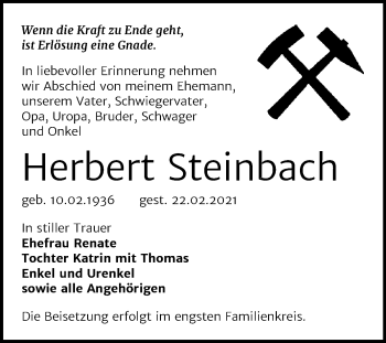 Traueranzeige von Herbert Steinbach von Mitteldeutsche Zeitung Bernburg