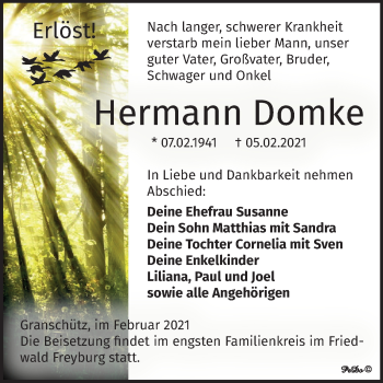 Traueranzeige von Hermann Domke von Mitteldeutsche Zeitung Weißenfels