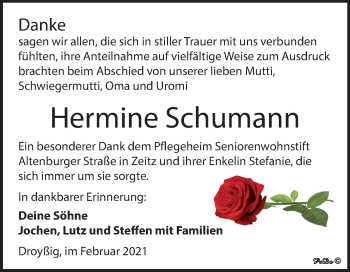 Traueranzeige von Hermine Schumann von Mitteldeutsche Zeitung Zeitz