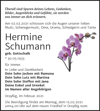 Traueranzeige von Hermine Schumann von Mitteldeutsche Zeitung Zeitz