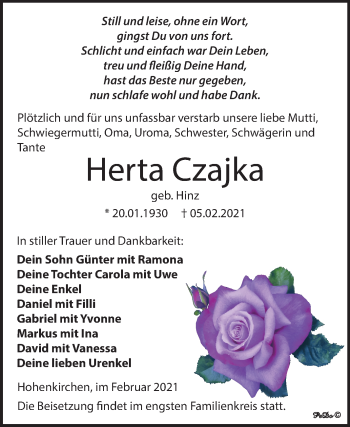 Traueranzeige von Herta Czajka von Super Sonntag Zeitz