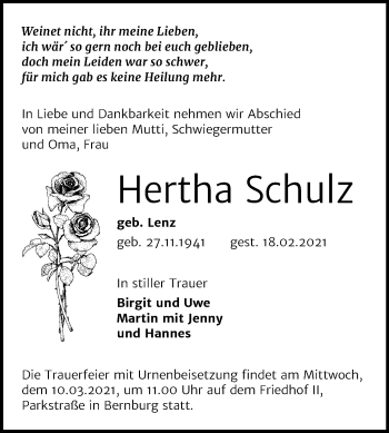 Traueranzeige von Hertha Schulz von Mitteldeutsche Zeitung Bernburg