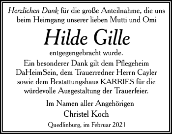 Traueranzeige von Hilde Gille von Super Sonntag Quedlinburg