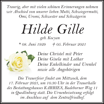 Traueranzeige von Hilde Gille von Mitteldeutsche Zeitung Quedlinburg