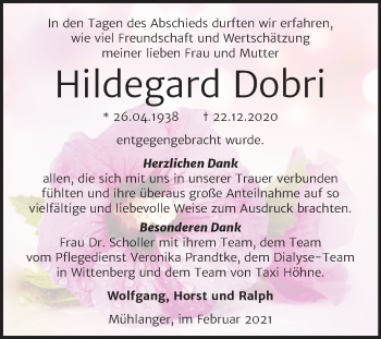 Traueranzeige von Hildegard Dobri von Super Sonntag Wittenberg