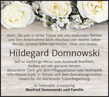 Traueranzeige von Hildegard Domnowski von Mitteldeutsche Zeitung Wittenberg