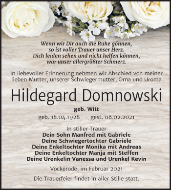 Traueranzeige von Hildegard Domnowski von Mitteldeutsche Zeitung Wittenberg