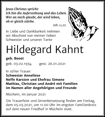 Traueranzeige von Hildegard Kahnt von Mitteldeutsche Zeitung Merseburg/Querfurt