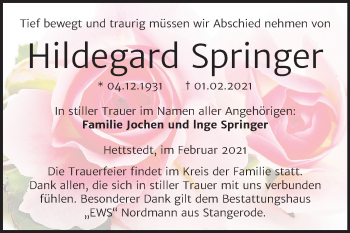 Traueranzeige von Hildegard Springer von Mitteldeutsche Zeitung Mansfelder Land