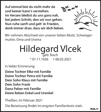 Traueranzeige von Hildegard Vlcek von Super Sonntag Zeitz