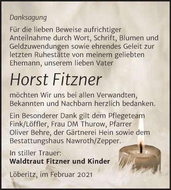 Traueranzeige von Horst Fitzner von Mitteldeutsche Zeitung Bitterfeld