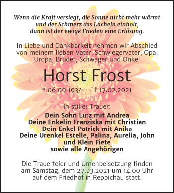 Traueranzeige von Horst Frost von Mitteldeutsche Zeitung Köthen