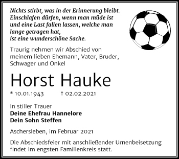 Traueranzeige von Horst Hauke von Super Sonntag Aschersleben