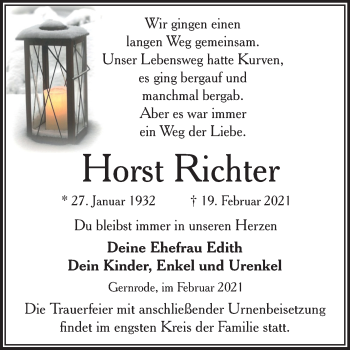 Traueranzeige von Horst Richter von Mitteldeutsche Zeitung Quedlinburg