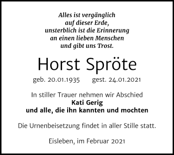 Traueranzeige von Horst Spröte von Super Sonntag Mansfelder Land