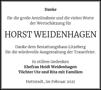 Traueranzeige von Horst Weidenhagen von Mitteldeutsche Zeitung Mansfelder Land