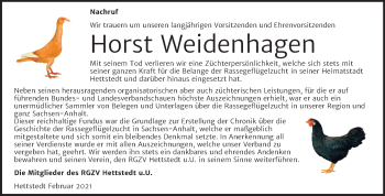 Traueranzeige von Horst Weidenhagen von Super Sonntag Mansfelder Land