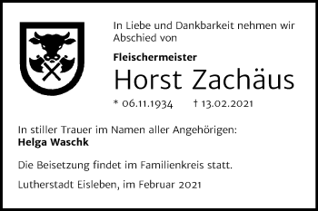 Traueranzeige von Horst Zachäus von Super Sonntag Mansfelder Land