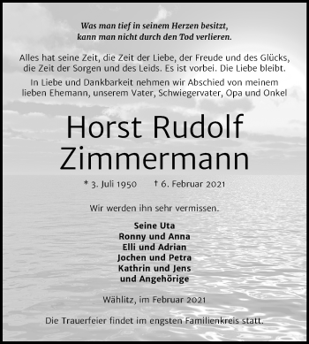 Traueranzeige von Horst Rudolf Zimmermann von Mitteldeutsche Zeitung Weißenfels