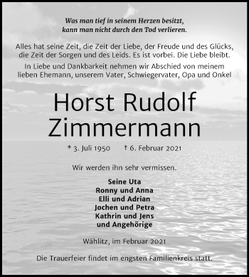 Traueranzeige von Horst Rudolf Zimmermann von Super Sonntag Weißenfels