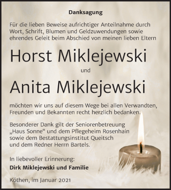 Traueranzeige von Horst und Anita Miklejewski von Super Sonntag Köthen