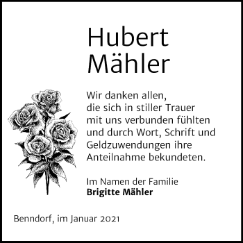 Traueranzeige von Hubert Mähler von Mitteldeutsche Zeitung Mansfelder Land
