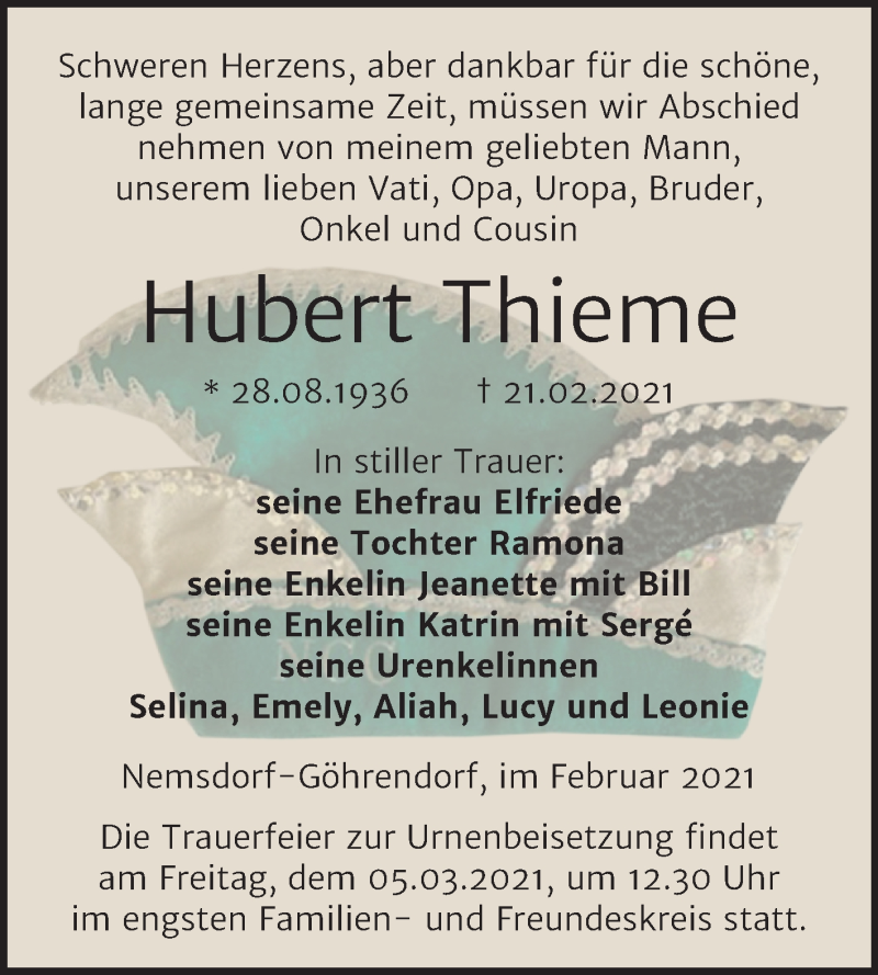  Traueranzeige für Hubert Thieme vom 25.02.2021 aus Mitteldeutsche Zeitung Merseburg/Querfurt