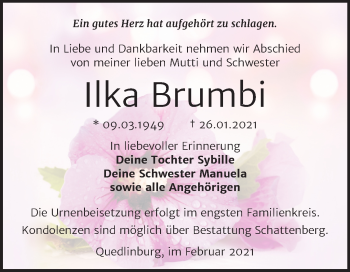 Traueranzeige von Ilka Brumbi von Super Sonntag Quedlinburg