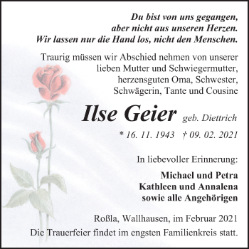 Traueranzeige von Ilse Geier von Mitteldeutsche Zeitung Sangerhausen