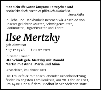 Traueranzeige von Ilse Mertzky von Mitteldeutsche Zeitung Aschersleben