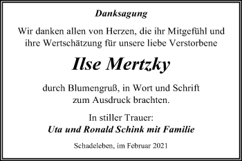 Traueranzeige von Ilse Mertzky von Super Sonntag Aschersleben