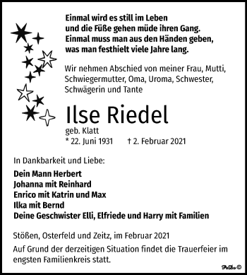 Traueranzeige von Ilse Riedel von Mitteldeutsche Zeitung Zeitz