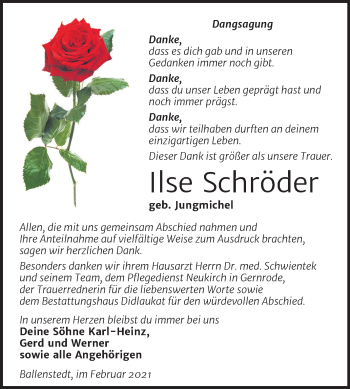 Traueranzeige von Ilse Schröder von Super Sonntag Quedlinburg