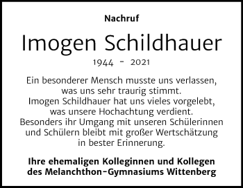 Traueranzeige von Imogen Schildhauer von Super Sonntag Wittenberg