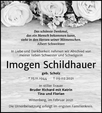 Traueranzeige von Imogen Schildhauer von Mitteldeutsche Zeitung Wittenberg