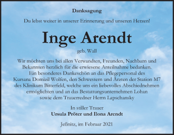 Traueranzeige von Inge Arendt von Mitteldeutsche Zeitung Bitterfeld