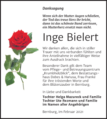Traueranzeige von Inge Bielert von Super Sonntag Bernburg