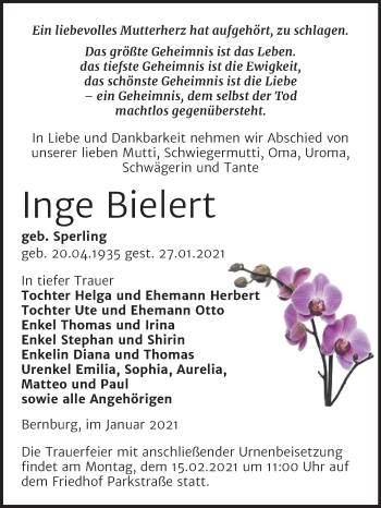 Traueranzeige von Inge Bielert von Mitteldeutsche Zeitung Bernburg