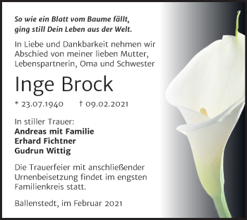Traueranzeige von Inge Brock von Mitteldeutsche Zeitung Quedlinburg