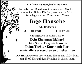 Traueranzeige von Inge Hansche von Super Sonntag Wittenberg