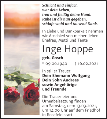Traueranzeige von Inge Hoppe von Super Sonntag Köthen