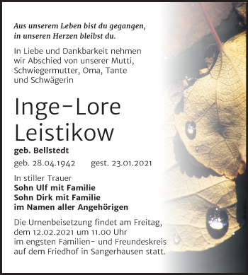 Traueranzeige von Inge-Lore Leistikow von Super Sonntag Sangerhausen