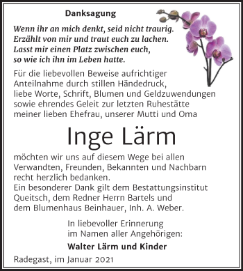 Traueranzeige von Inge Lärm von Super Sonntag Köthen