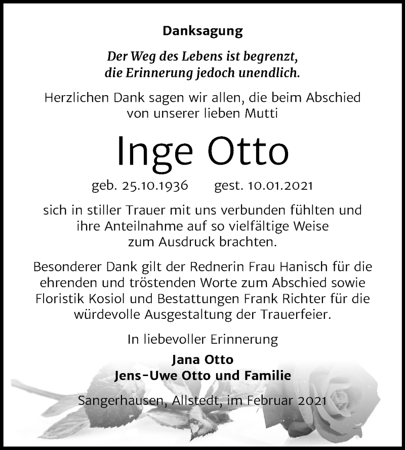  Traueranzeige für Inge Otto vom 26.02.2021 aus Mitteldeutsche Zeitung Sangerhausen