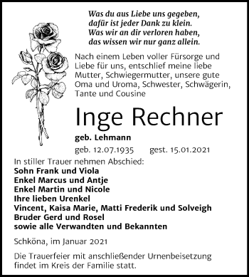Traueranzeige von Inge Rechner von Mitteldeutsche Zeitung Wittenberg