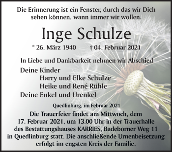 Traueranzeige von Inge Schulze von Mitteldeutsche Zeitung Quedlinburg