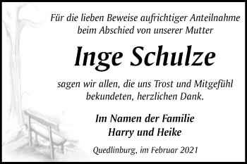 Traueranzeige von Inge Schulze von Super Sonntag Quedlinburg