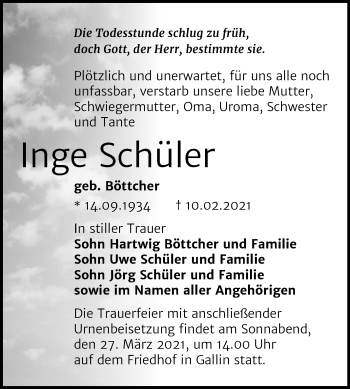Traueranzeige von Inge Schüler von Mitteldeutsche Zeitung Wittenberg