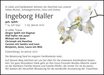 Traueranzeige von Ingeborg Haller von Super Sonntag Naumburg/Nebra
