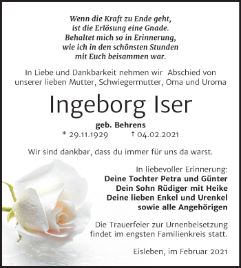 Traueranzeige von Ingeborg Iser von Mitteldeutsche Zeitung Mansfelder Land